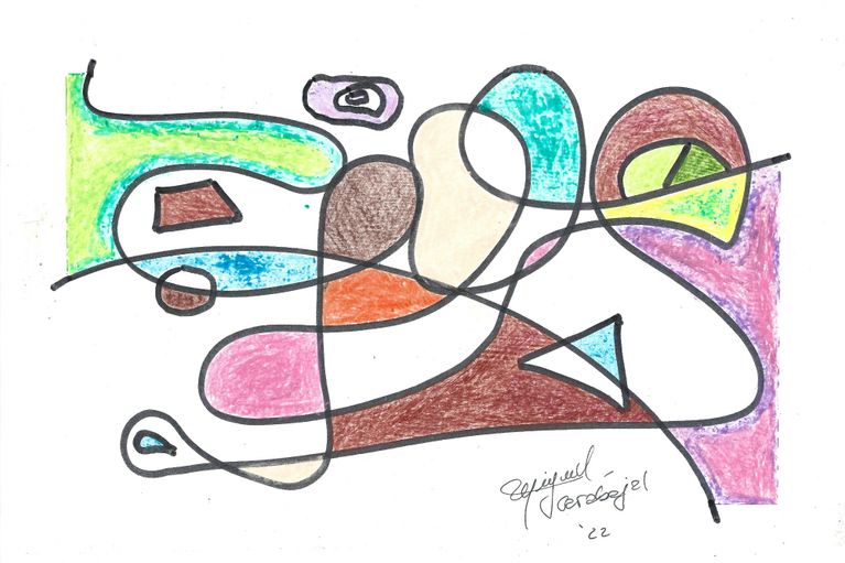 "Curvas de Fantasìa" Dibujo Original: Fibra, lápices de colores, ceras y tiza sobre papel. 21x29,7 cm.